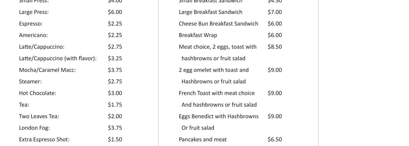 Kerrobert Bakery Menu