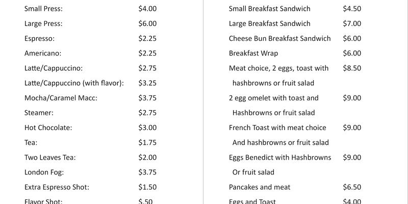 Kerrobert Bakery Menu