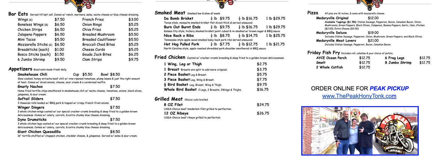 The Peak HonkyTonk Saloon Menu