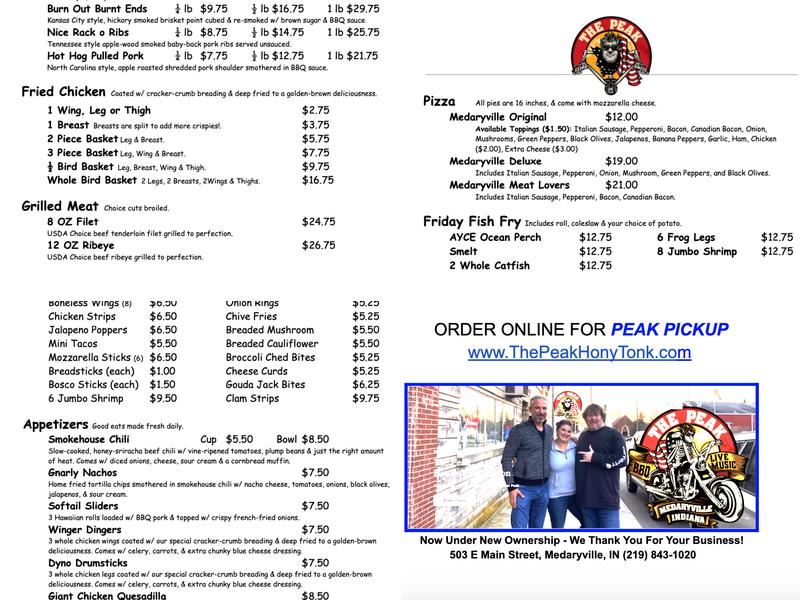 The Peak HonkyTonk Saloon Menu