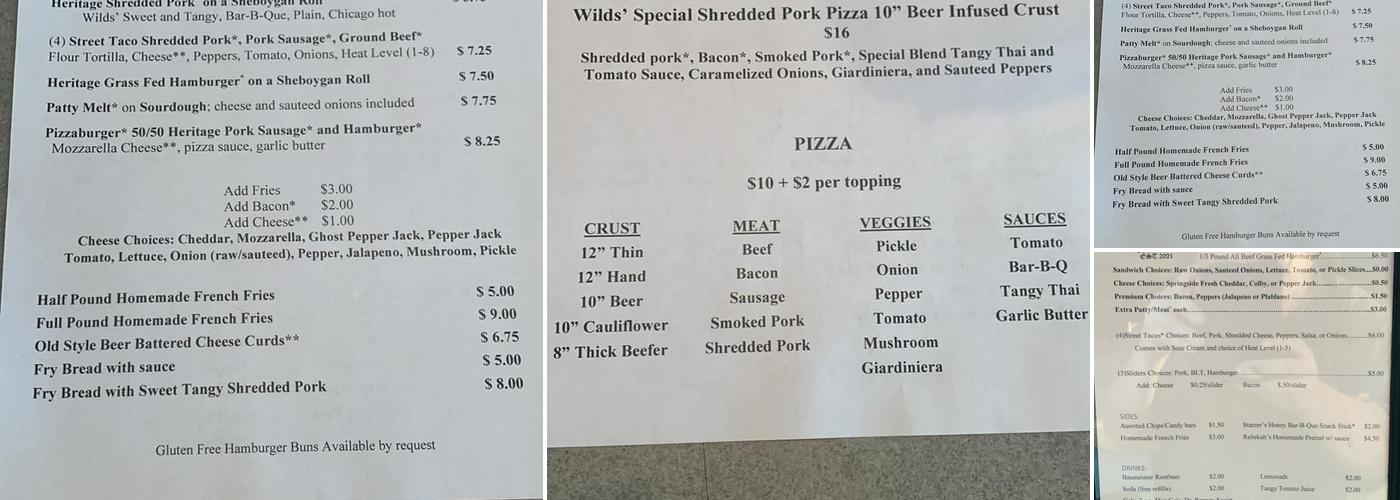 Wilds' Place Menu