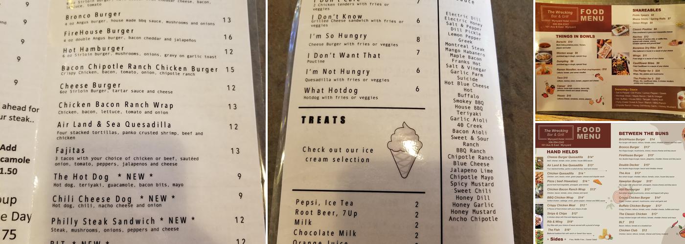 Wynyard Bar Menu