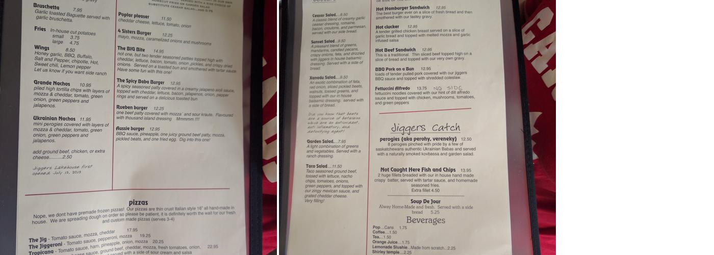 Jiggers Lakehouse Eatery & Pub Menu