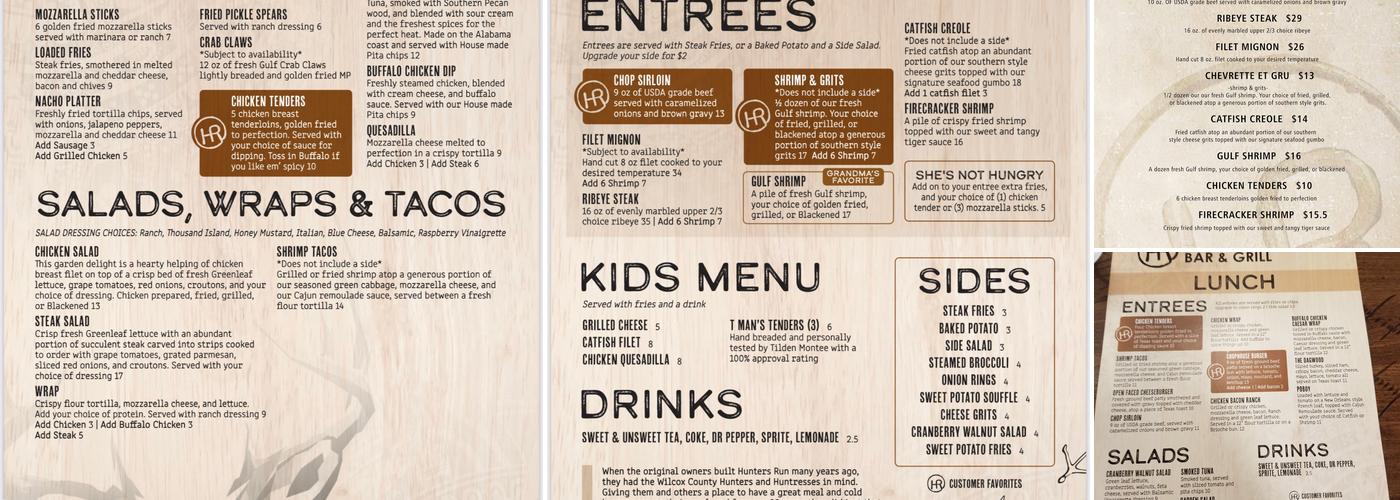 Hunters Run Bar & Grill, Monroeville AL Menu