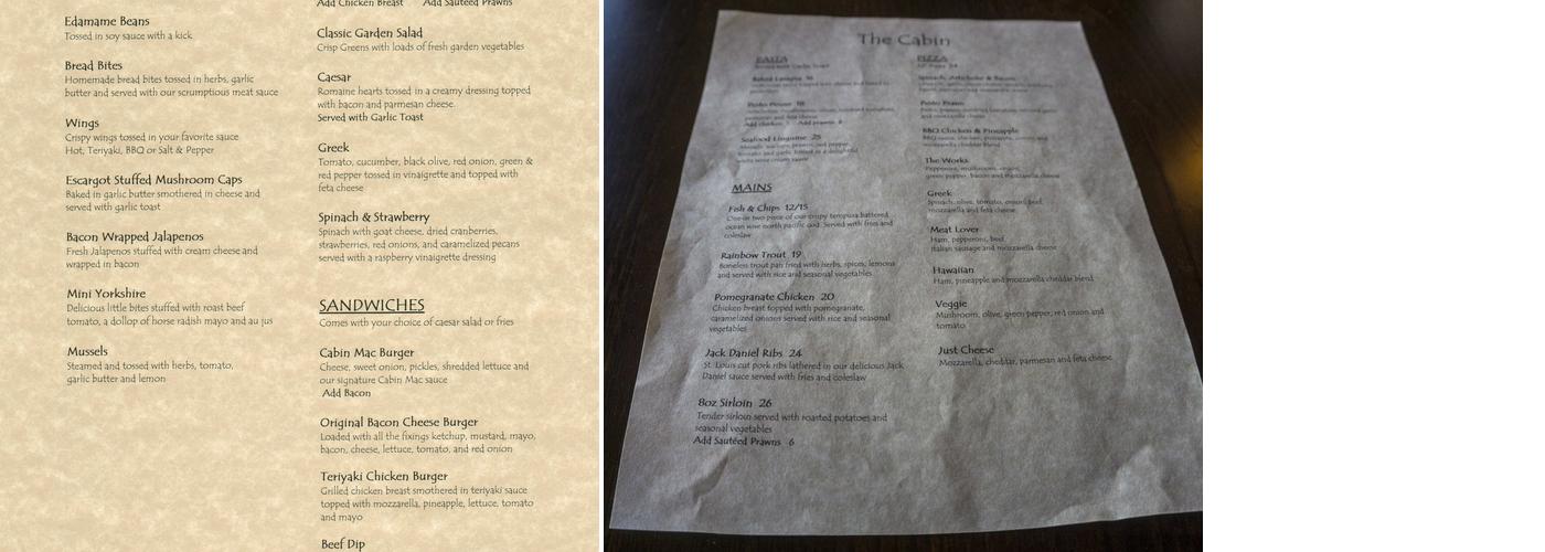 The Cabin Restaurant and General Store Menu
