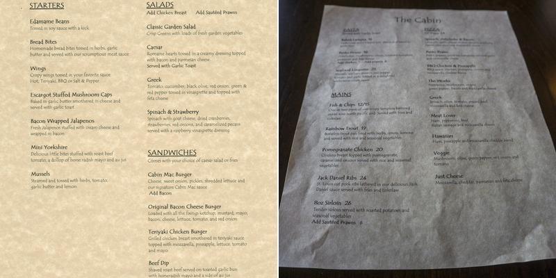 The Cabin Restaurant and General Store Menu