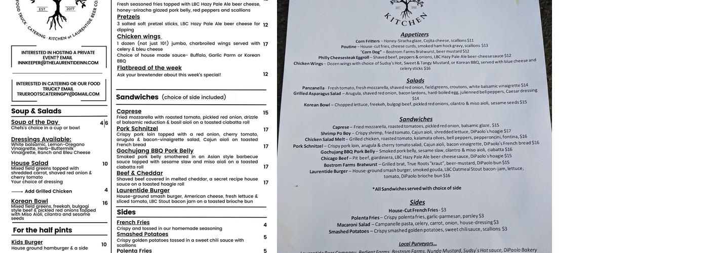 True Roots Kitchen @ Laurentide Beer Company Menu