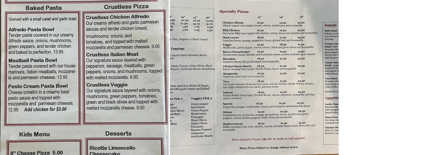 Nonna Luce Del' Sole Pizzeria Menu