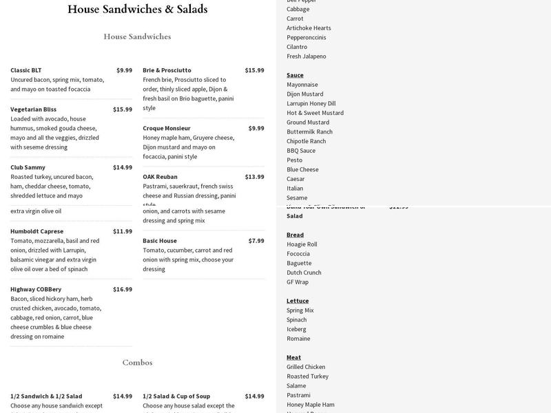 Oak Deli and Brewery Menu