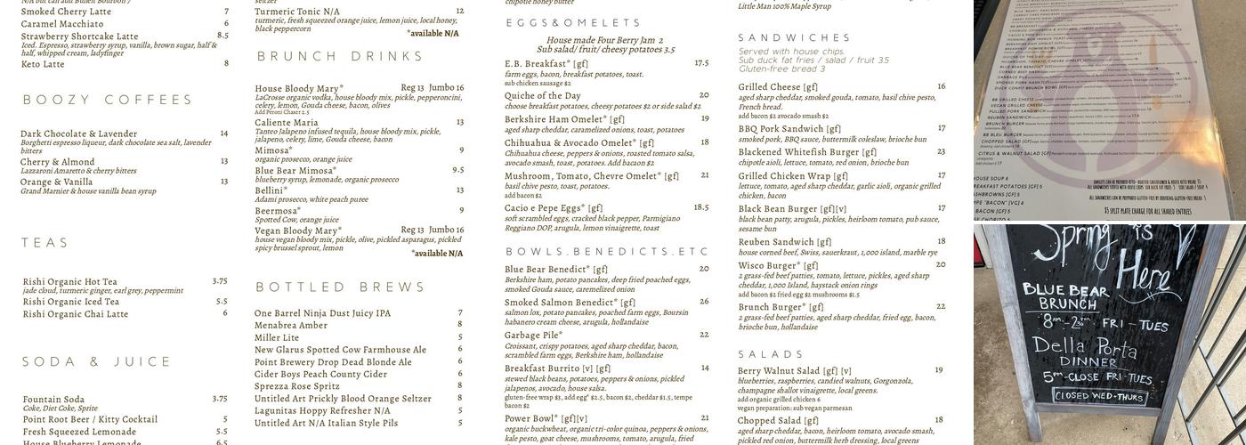 Blue Bear Ellison Bay Menu