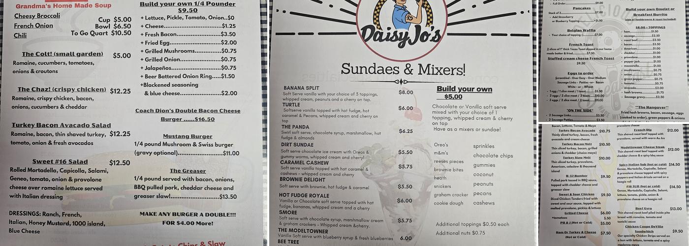Daisy Jo's Diner & Icecream Parlour Menu