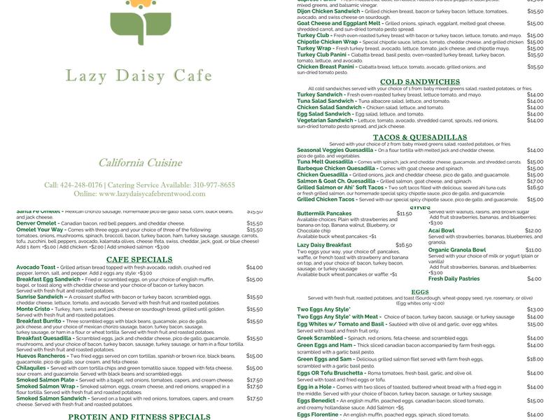 Lazy Daisy Cafe Menu