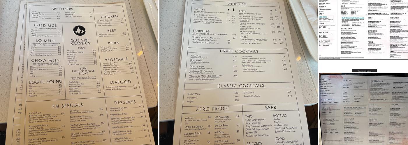 eM Que Viet Restaurant and Bar Menu