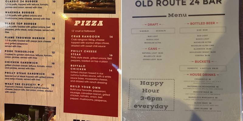 Old Route 24 Bar Menu