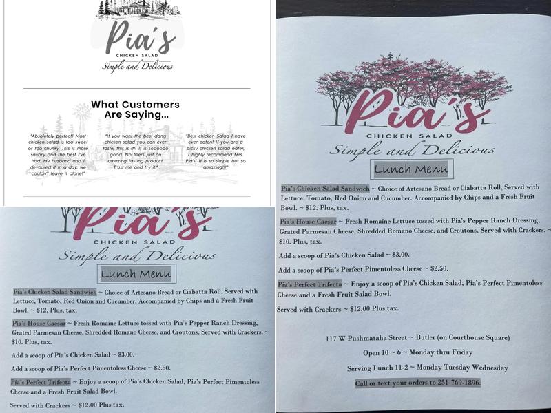 Pia's Chicken Salad Menu