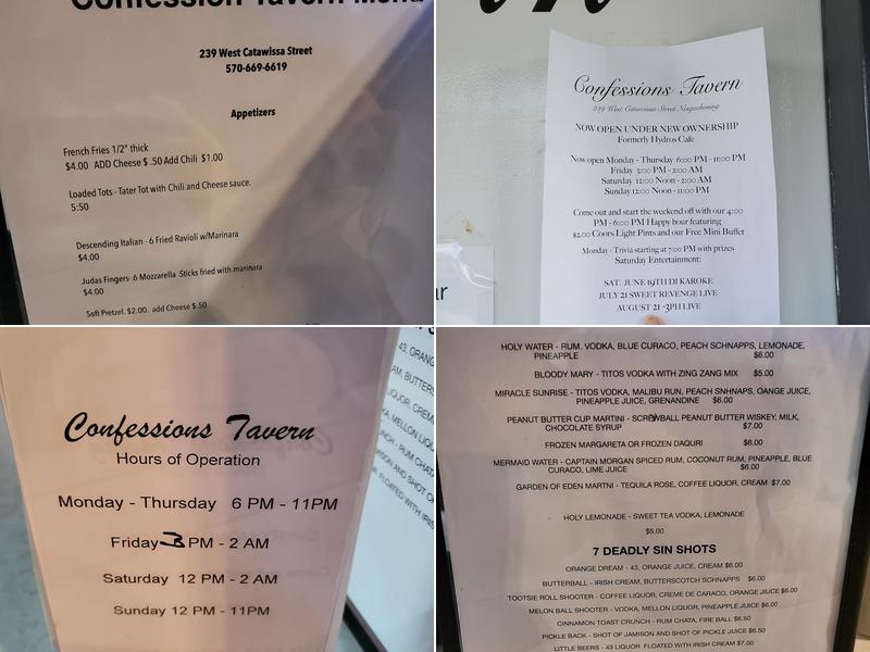 Confessions Tavern Menu