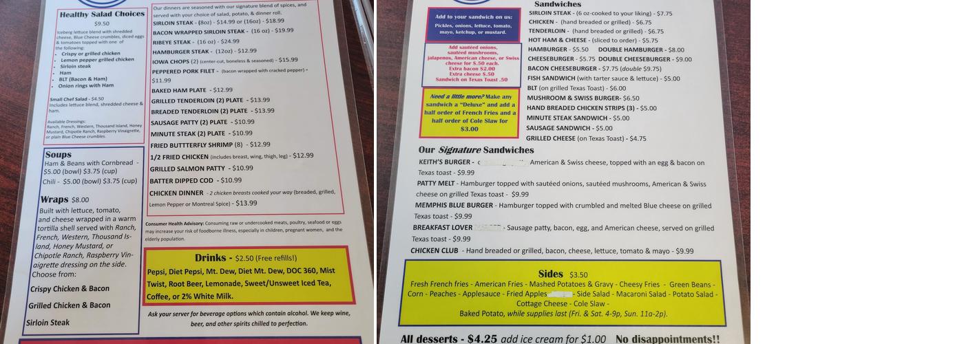 Keith's Cafe & Steakhouse Menu