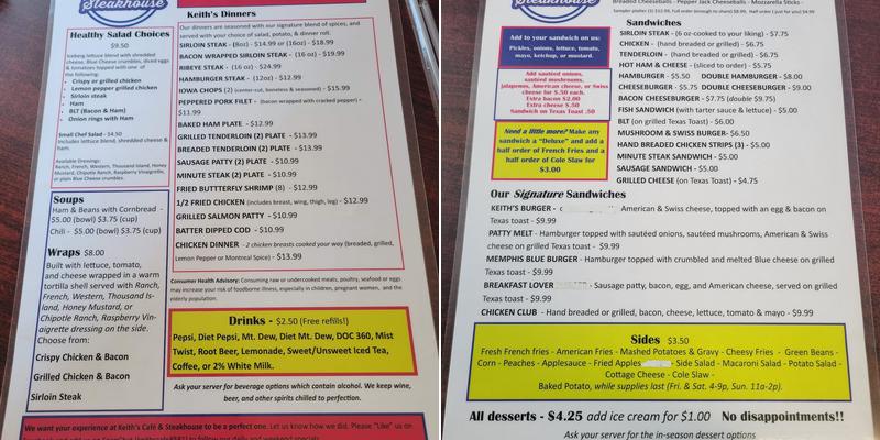 Keith's Cafe & Steakhouse Menu
