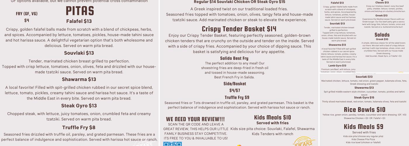 Peaks 'n Pitas Menu
