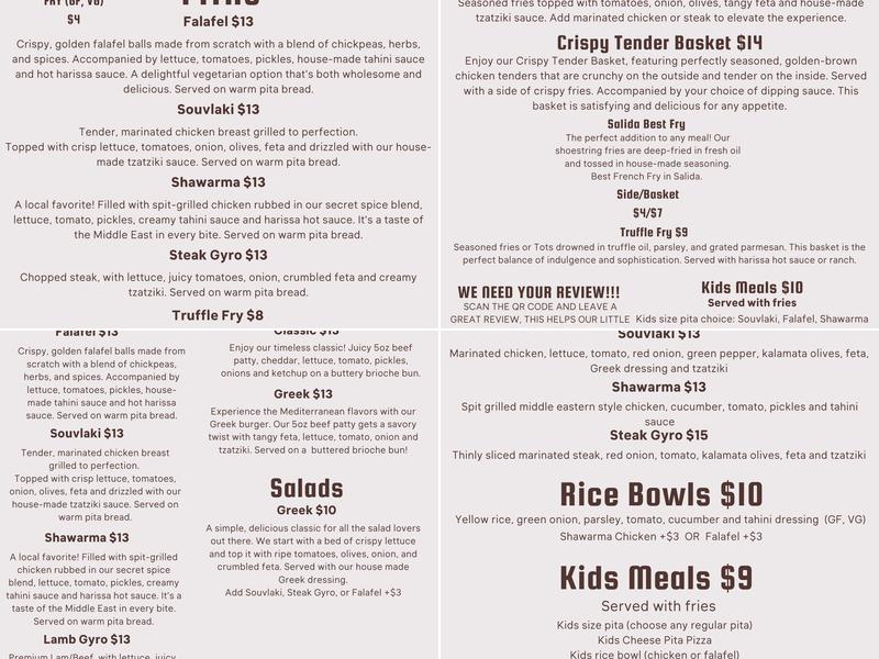 Peaks 'n Pitas Menu
