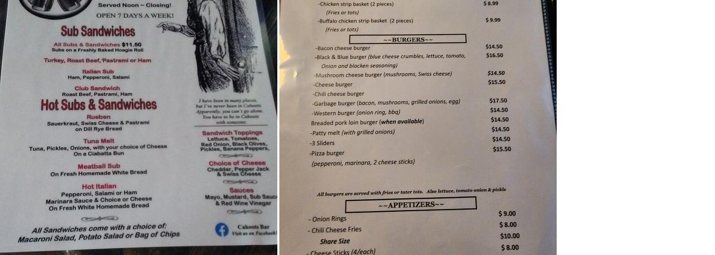 Cahoots Menu