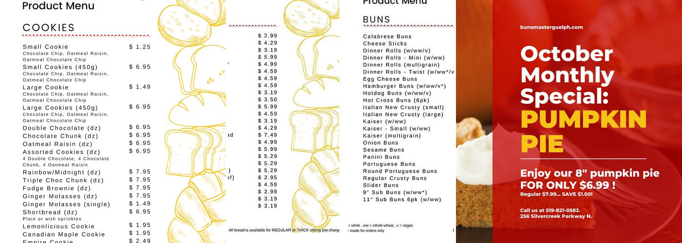 Buns Master Bakery Menu