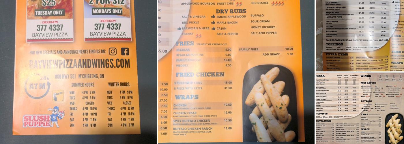 Bayview Pizza Menu