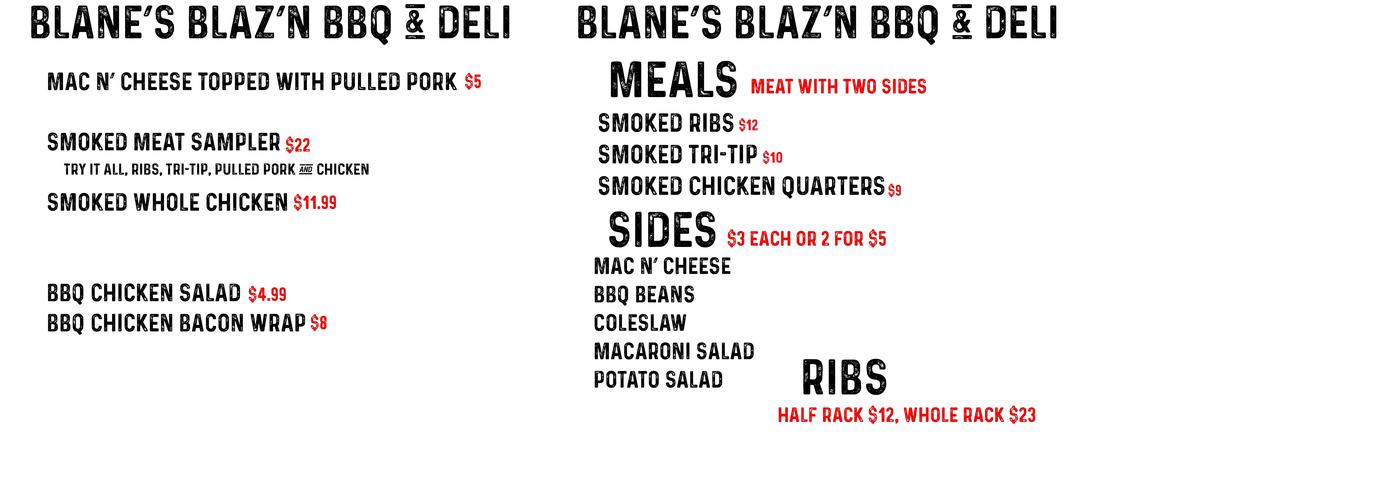 Blane's Blaz'n BBQ Menu