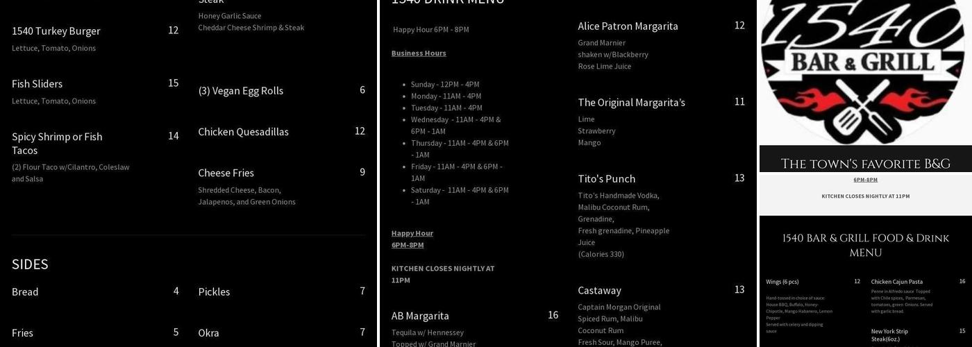 1540 Bar & Grill Menu