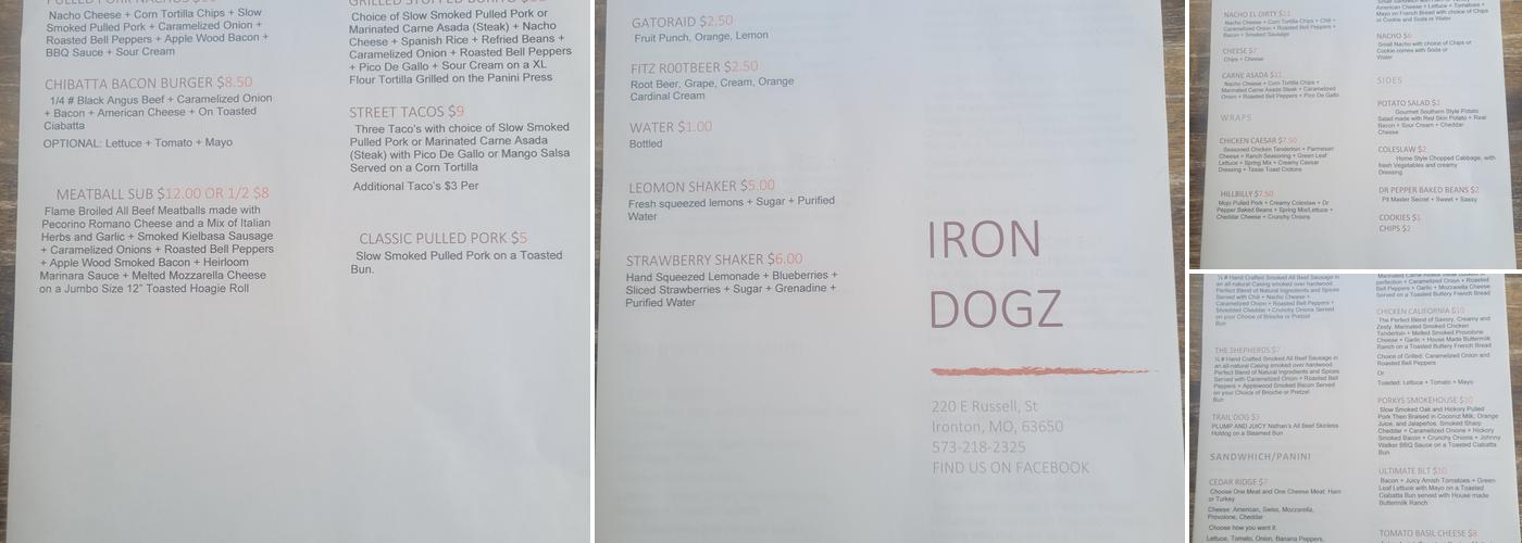 Iron Dogz Menu