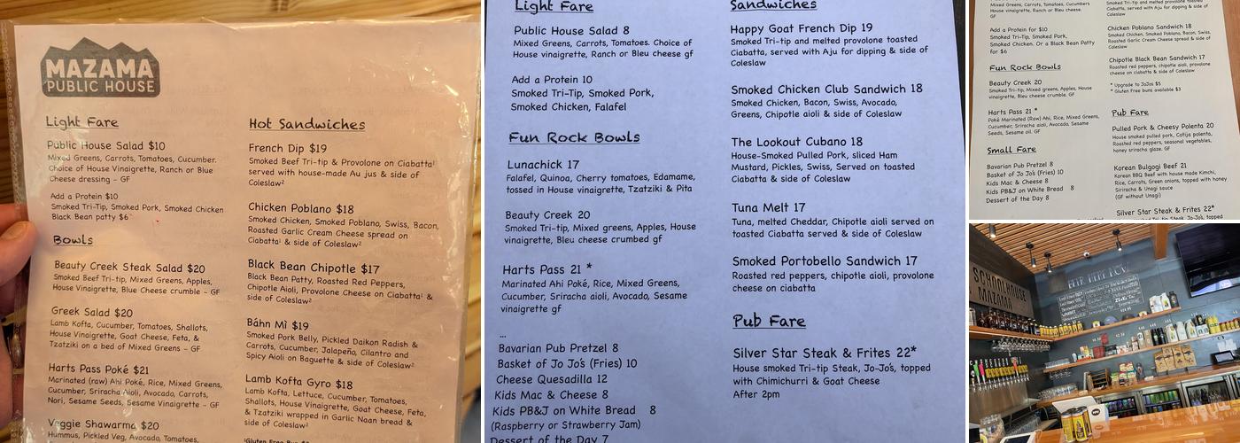 Mazama Public House, An OSB Place Menu