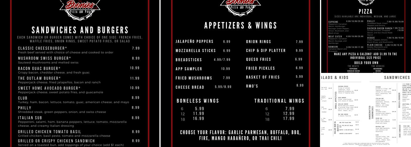 The Boonies Menu