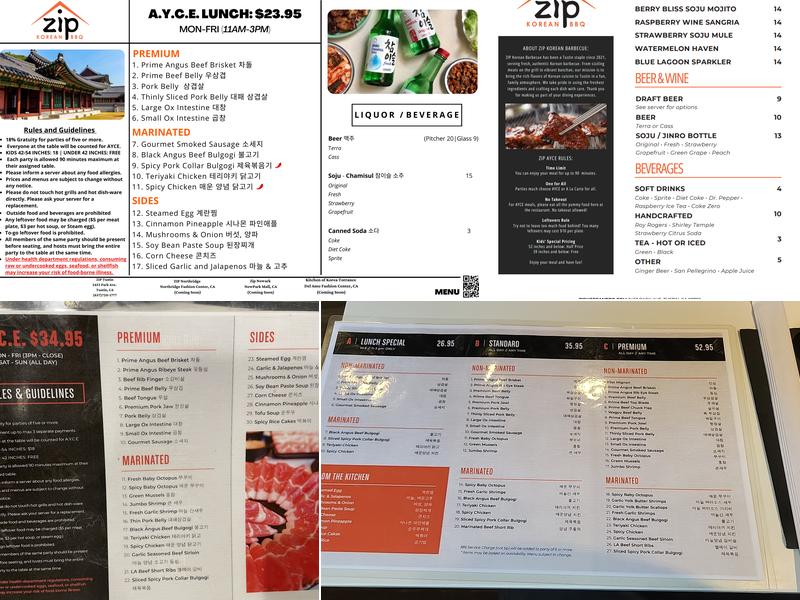 Zip Korean BBQ Menu