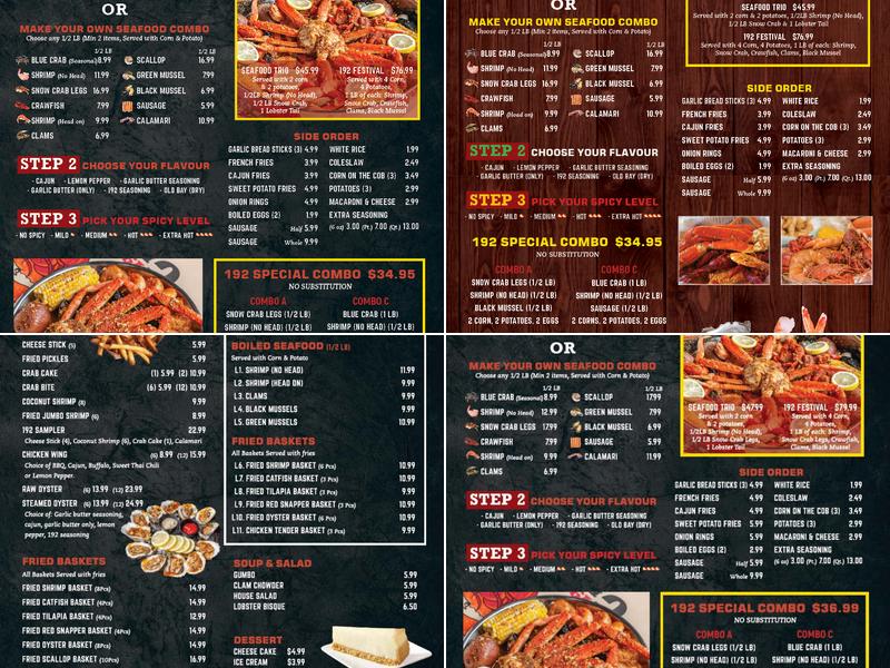192 Crab & Lobster Juicy Seafood and Bar Restaurant Menu