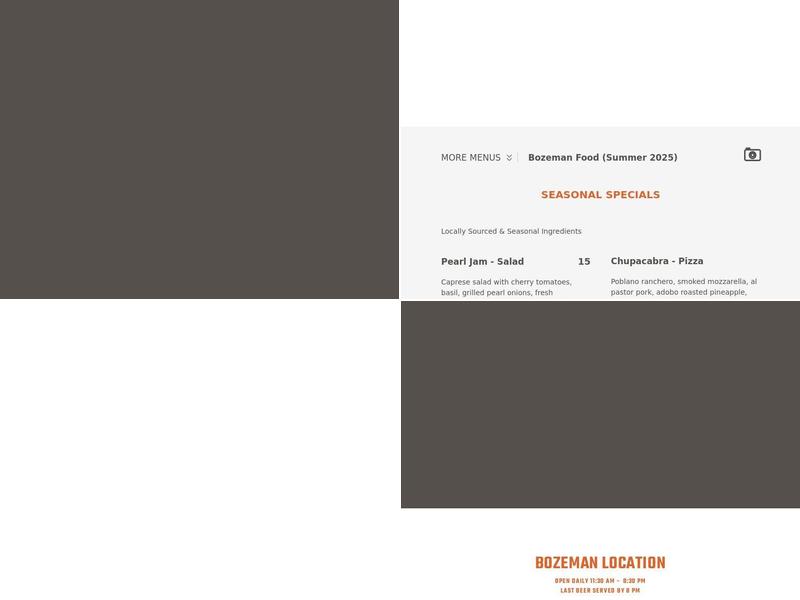 Bridger Brewing Menu