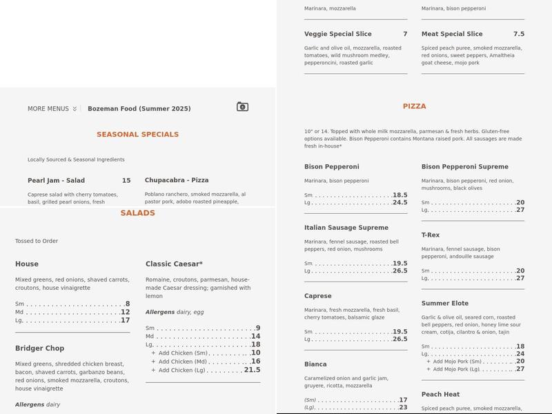 Bridger Brewing Menu