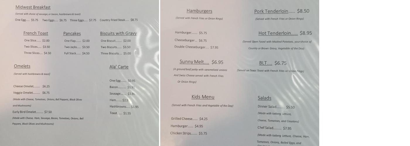 Sunrise cafe Menu