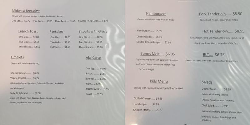 Sunrise cafe Menu