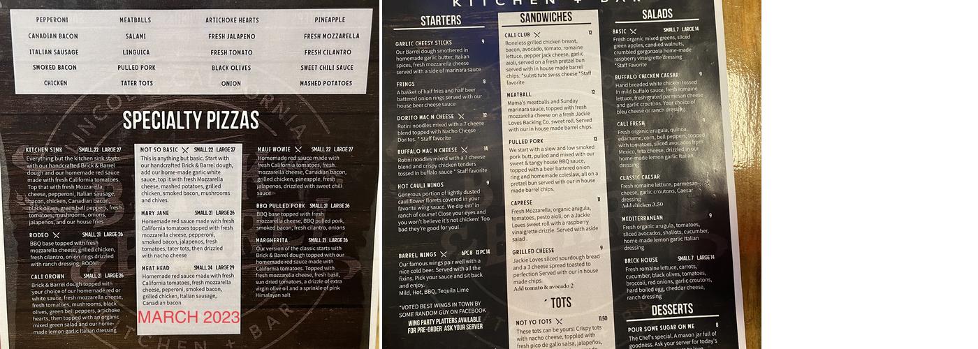 Brick & Barrel Kitchen + Bar Menu