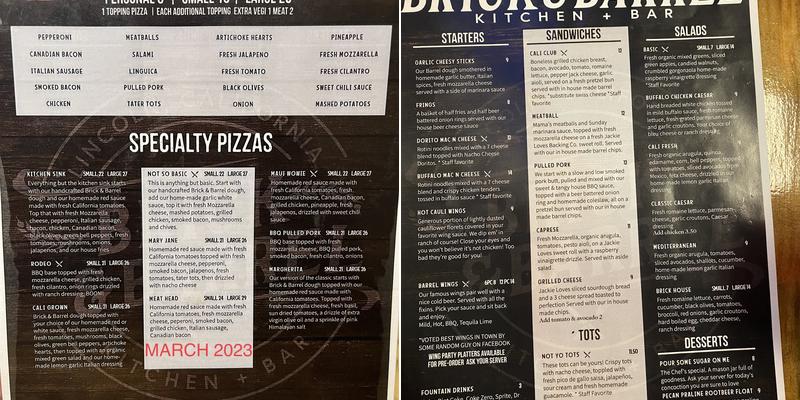 Brick & Barrel Kitchen + Bar Menu