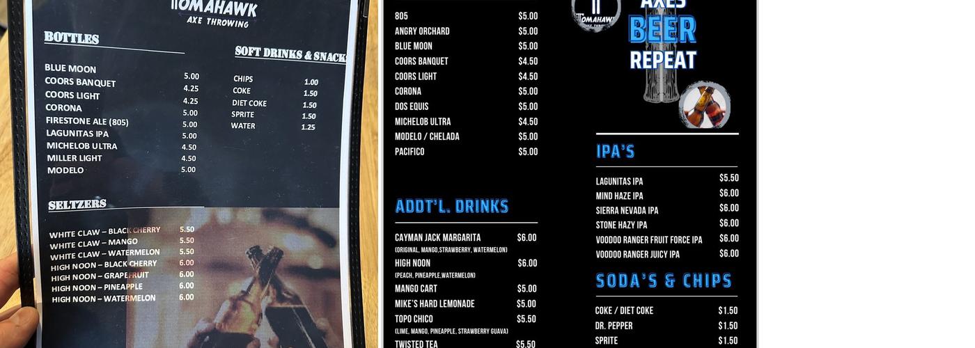 Tomahawk Axe Throwing Menu