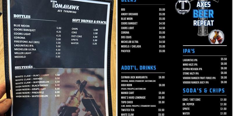 Tomahawk Axe Throwing Menu