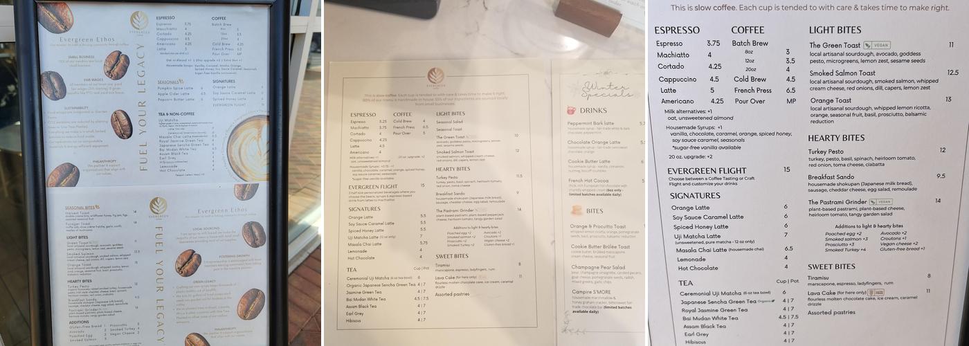 Evergreen Coffee Menu
