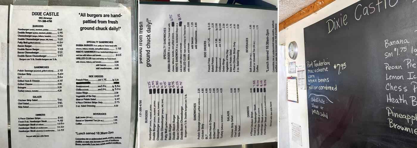 Dixie Castle Menu