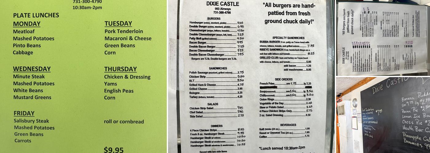Dixie Castle Menu