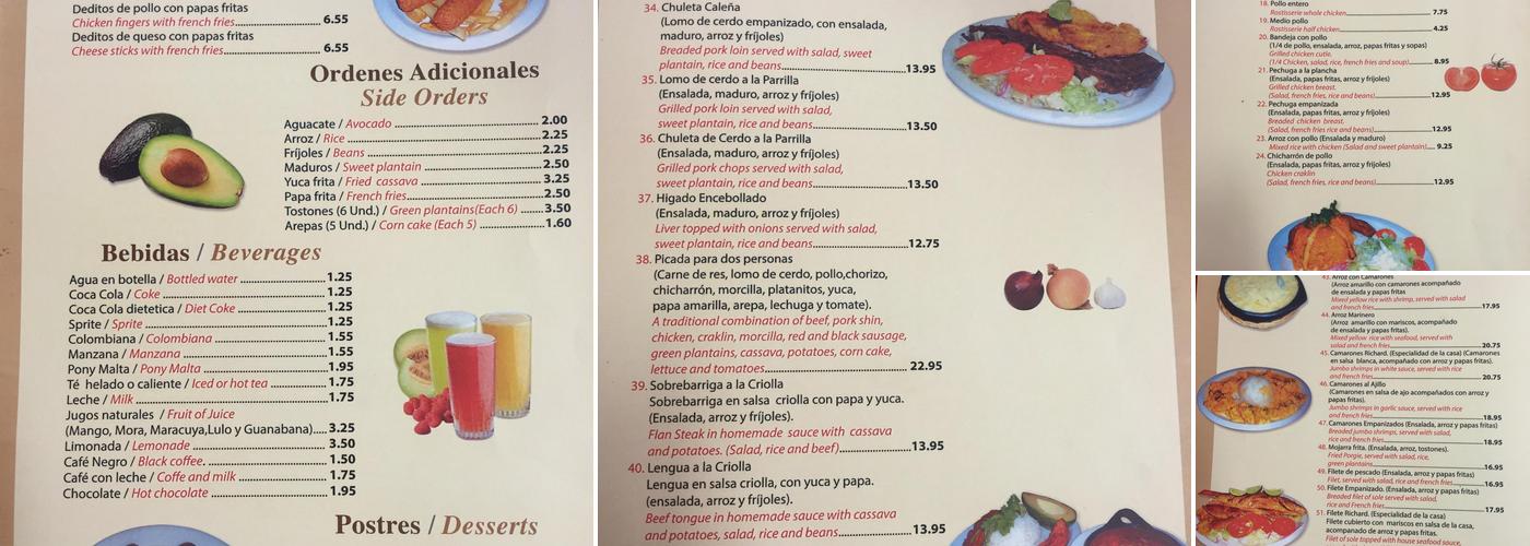 Comida colombiana Menu