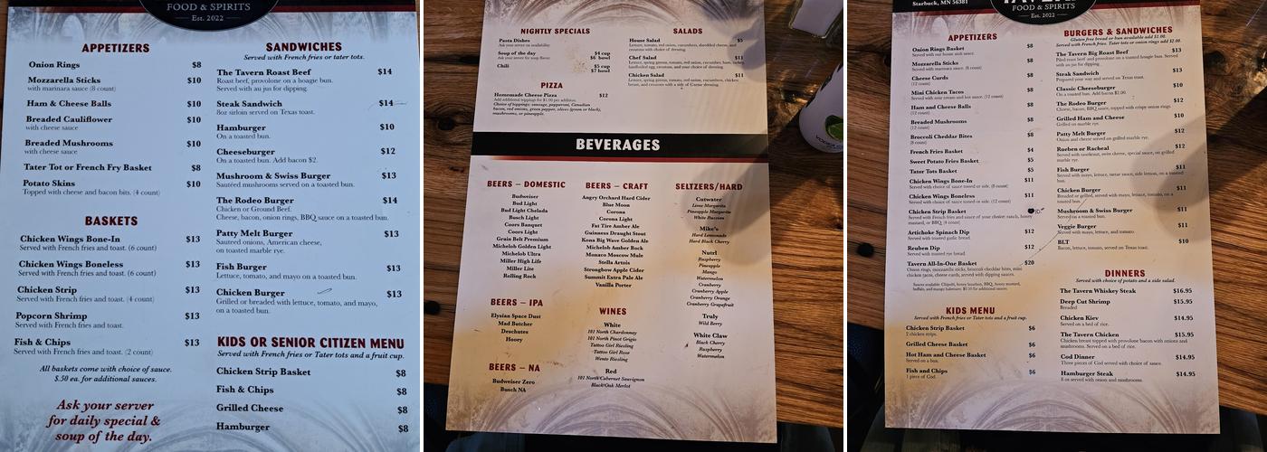 The Tavern Menu