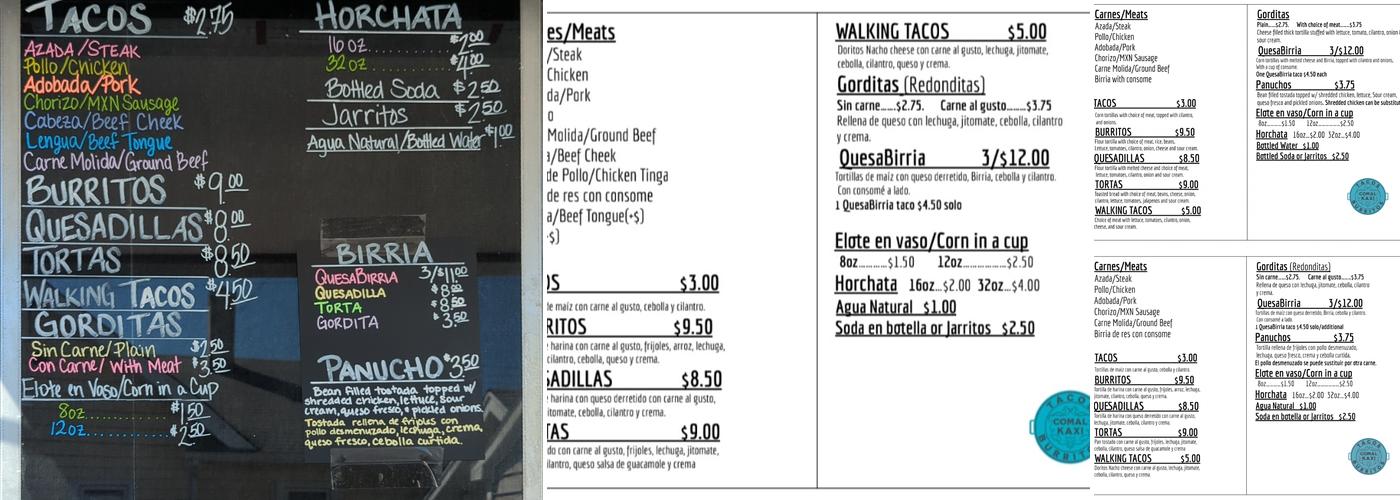 Comal Kaxi Menu