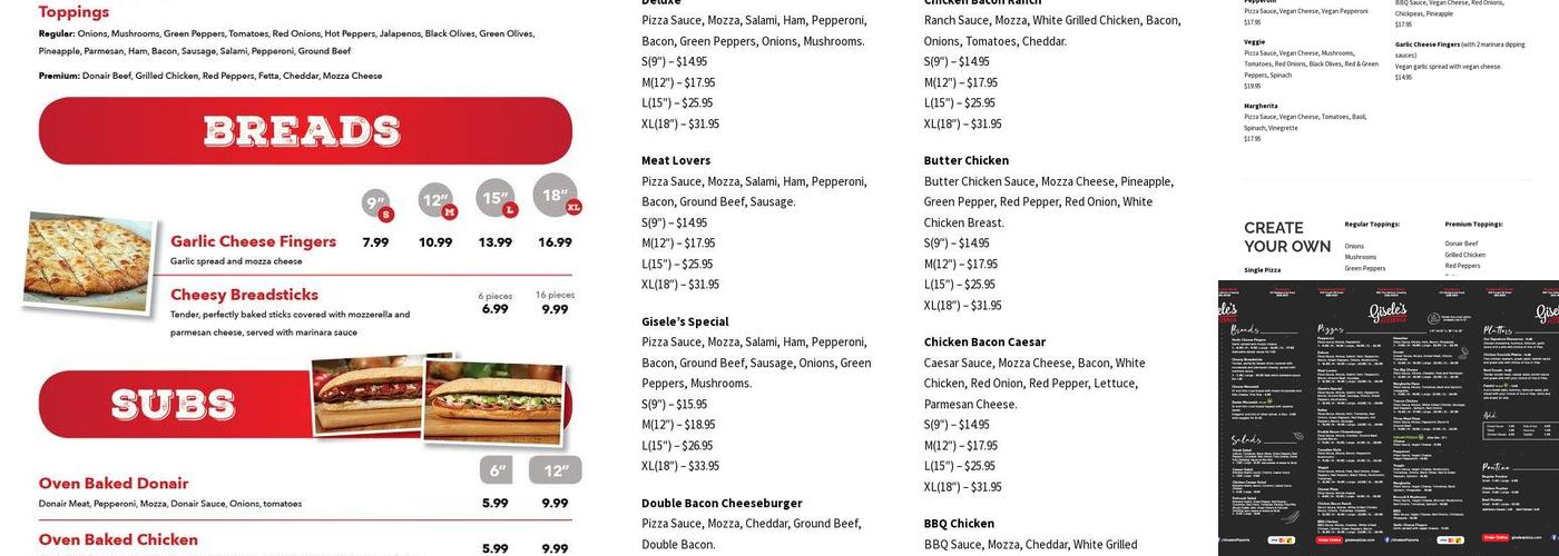 Gisele's Pizzeria Oromocto Menu