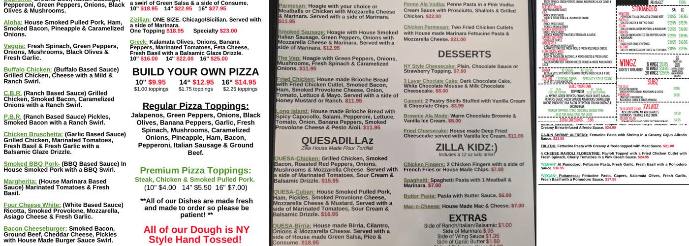 Zilla Pizza Menu